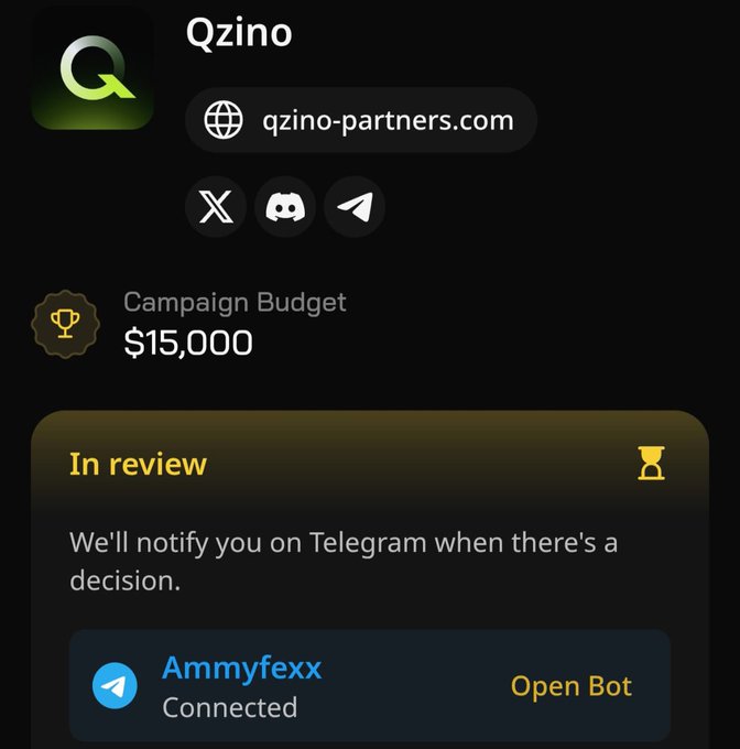 The image displays an app screen with various posts related to a campaign or event involving the game Qzino. One of these posts indicates that someone has been selected for Qzino's Campaign Budget, which amounts to $15,000. Another post mentions a bot's connection to Wallchain and a user named AmmyExx communicating via Telegram. The overall impression is one where people are discussing or celebrating the campaign results on the app platform.