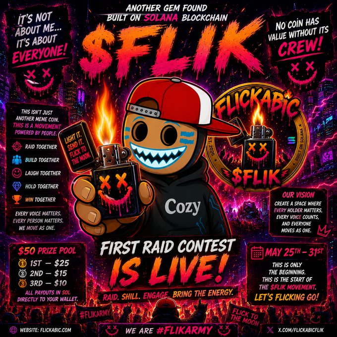 The image features an advertisement poster with a cartoon character wearing a red hat, holding a lighter and a cigarette. The poster also includes text that reads "Another GEM found building on SOLANA blockchain and it came with a RAID contest, Ticker is $FLIK Most projects launch with hype, But very few actually build a REAL community. That's where $FLIK stands out". This poster seems to be promoting a fundraiser or an event related to the cryptocurrency world, as indicated by the presence of the word "Flik" in the image and the use of a lighter as a symbol for the coin.
