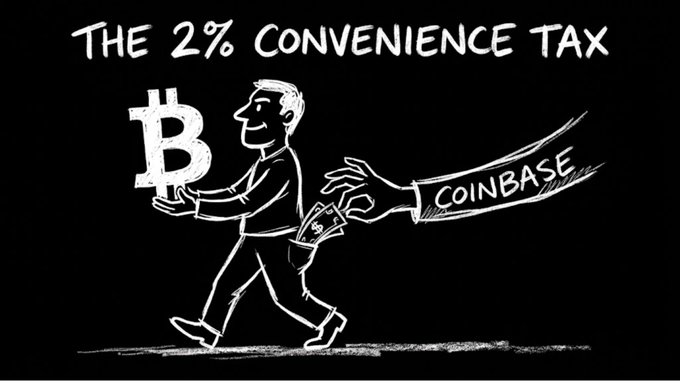 A chalkboard-style cartoon shows a man walking away clutching a large Bitcoin "B" symbol while a giant hand labeled "COINBASE" snatches a 2% fee from his pocket, under the heading "THE 2% CONVENIENCE TAX." The illustration visually criticizes Coinbase's hidden fees, reinforcing the post's argument for moving BTC assets to River to avoid the costly convenience tax.