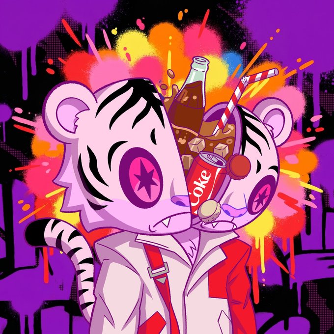 A vibrant digital illustration of a cartoon character with a split-face design—one side pink tiger, one side white tiger—featuring star-shaped eyes, holding a bottle of Coca-Cola and a straw against a colorful paint-splatter background.
