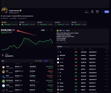 A cryptocurrency analytics dashboard showing 'Crypto Kamel' analytics for tokens including BTC, ETH, VRA, XRP, LINK, DOGE, and others, with a highlighted total market cap of $108,336.70.