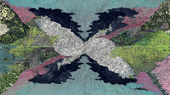 An abstract digital artwork featuring a symmetrical, kaleidoscopic pattern with mirrored textures resembling natural landscapes in greens, pinks, blacks, and whites.