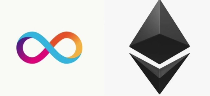 Side-by-side logos: the colorful infinity-style loop logo of Meta's Threads on a white background, and the dark geometric Ethereum logo on a white background.
