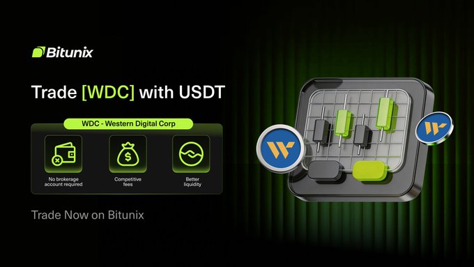 The image is a Bitunix promotional graphic encouraging users to "Trade [WDC] with USDT," featuring the Bitunix logo, a 3D green candlestick chart icon, and highlighting benefits like "No brokerage account required," "Competitive fees," and "Better liquidity" for trading Western Digital Corp (WDC). It complements the post's fun fact about Western Digital's origins by directing viewers to trade the $WDC stock on the Bitunix platform.