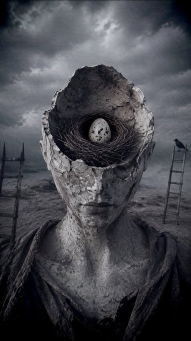 A surreal dark artwork showing a cracked stone-like humanoid figure with an open head revealing a bird's nest containing a speckled egg, set against a gloomy sky with ladders and a small bird.