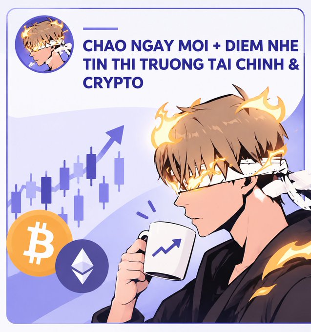 An anime-style illustration features a character with flaming hair holding a mug with a rising chart, accompanied by Bitcoin and Ethereum logos and the Vietnamese text 'CHAO NGAY MOI + DIEM NHE TIN THI TRUONG TAI CHINH & CRYPTO'.
