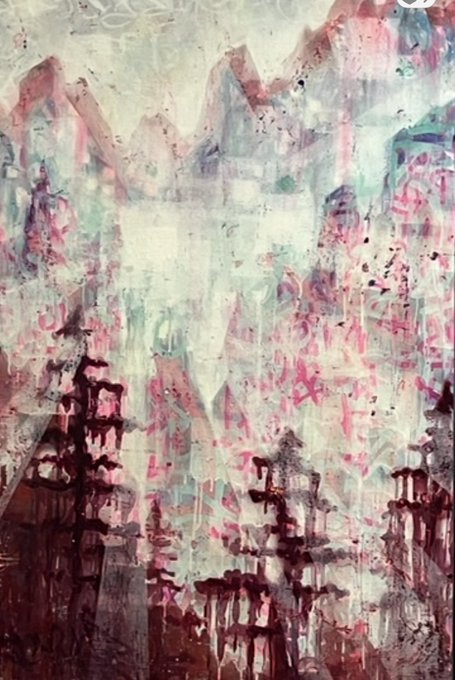 xtz stands for "time travel", a concept often used in art to describe the transition between past, present, or future moments depicted in a work. In this case, the artist seems to have created an abstract piece of artwork featuring various shapes and colors, including shades of pink, purple, white, and brown. The painting appears to be a watercolor-style piece that has been marked with red paint to add texture and create a sense of depth. This image has the title "Open edition still running, only 3.33 xtz!!!", which indicates that it is an open-ended print by the artist or the gallery showcasing their work at this time, as indicated by the text.
