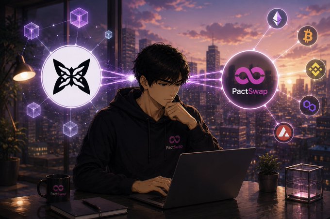 Anime-style digital artwork showing a young man in a hoodie working on a laptop at sunset, surrounded by floating cryptocurrency logos including Ethereum and PactSwap.