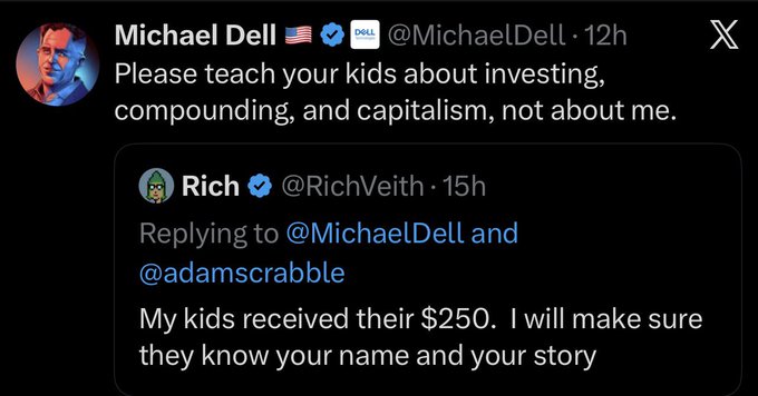 A tweet from Michael Dell (@MichaelDell) responding to a reply from Rich (@RichVeith), stating 'Please teach your kids about investing, compounding, and capitalism, not about me.'