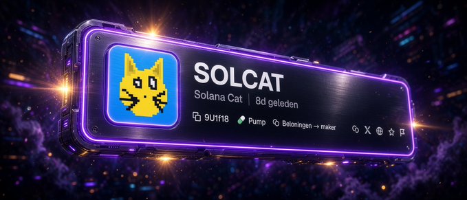 A neon-styled promotional graphic for "SOLCAT" (Solana Cat) featuring a pixel art orange cat logo, with "9U1f18", "Pump", and "Beloningen → maker" tags, set against a purple cosmic background.