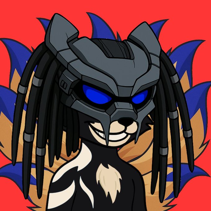 A digital illustration of a fierce, anthropomorphic raccoon-like character wearing a dark, robotic Predator-style helmet with glowing blue eyes, set against a solid red background with blue spiky accents.