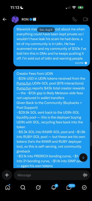 A screenshot of an Instagram DM from "RON" exposing that Maverick Mac scammed his community out of $30K and exposing Creator Fees from UDIN, including $43k USD in creator rewards, $31k sent back to liquidity pools ($29.9k UDIN-SOL and $9.3k RAWR-SOL), and $1.8k into RUBY-SOL, detailing how fees were recycled rather than truly returned to the community.