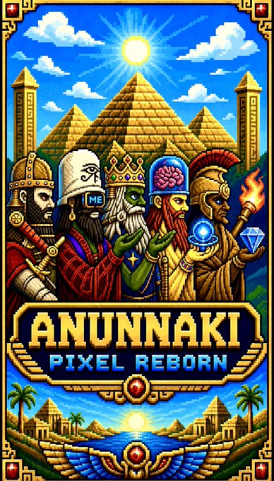 Pixel art poster titled 'ANUNNAKI PIXEL REBORN' featuring five ancient deities, pyramids, and a sun, with one figure's head labeled 'ME'.