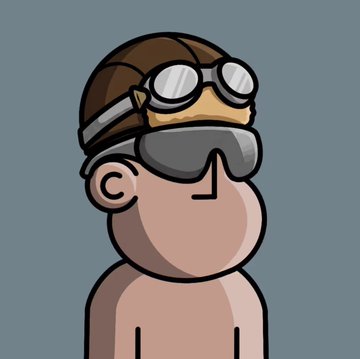 A cartoon-style character illustration showing a faceless figure wearing a brown aviator cap with goggles and a grey blindfold, set against a blue-grey background.