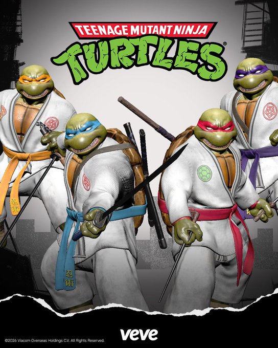 A promotional poster for 'TEENAGE MUTANT NINJA TURTLES' shows the four characters in martial arts attire, with a 'veve' logo and '©2026 Viacom Overseas Holdings C.V. All Rights Reserved' at the bottom.