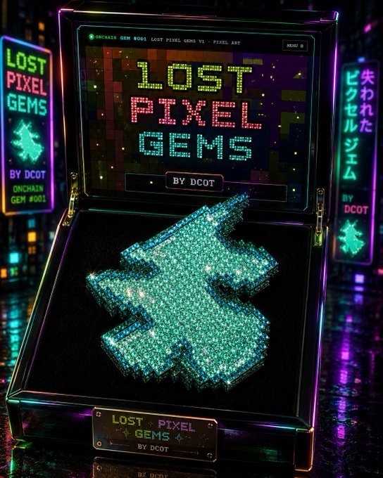 Decorative 'LOST PIXEL GEMS by DCOT' display case containing a sparkly teal/green pixelated gem (Onchain Gem #001) with neon signs and a cyberpunk-style cyberpunk background.