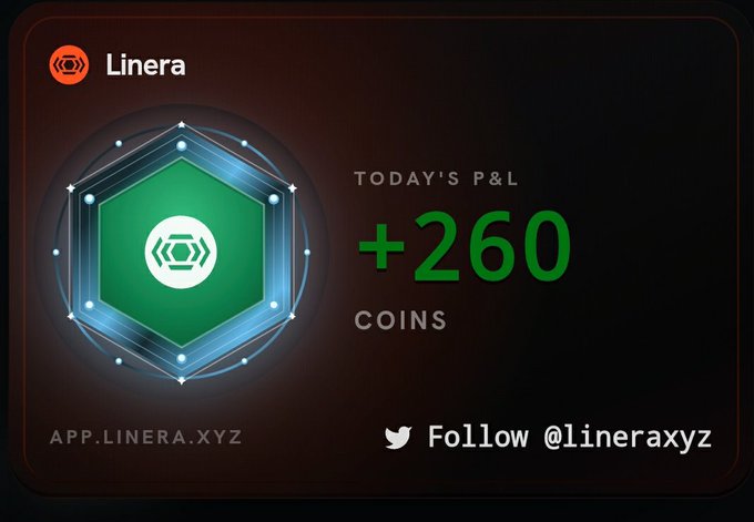 A Linera promotional graphic displaying a green hexagonal logo with today's P&L of '+260 COINS', along with app.linera.xyz and 'Follow @lineraxyz' Twitter handle.