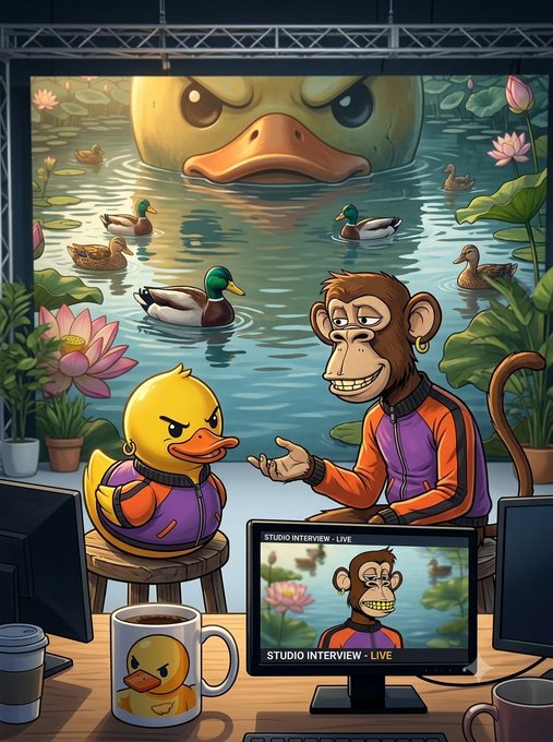 A colorful illustration shows a duck and a monkey being interviewed on a "STUDIO INTERVIEW - LIVE" set, with a giant duck face in a pond behind them.