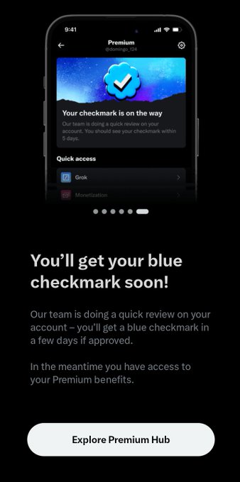 A mobile app screen for X (Twitter) Premium showing a message that the user's blue checkmark is under review, with quick access to Grok and Monetization features, and a button to 'Explore Premium Hub'.