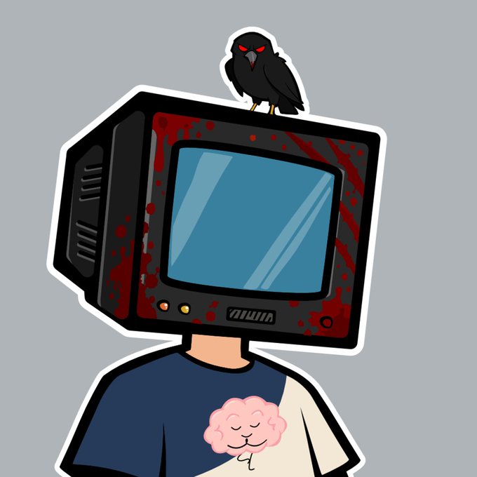 A surreal illustration of a person with a vintage TV for a head, with red blood-like splatters on the screen, a black crow perched on top, and a pink smiling brain visible on their chest.