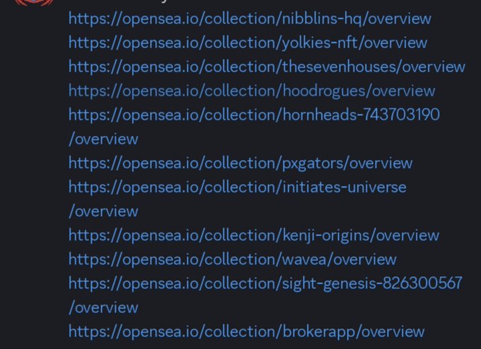 A list of OpenSea NFT collection URLs on a dark background, including links for nibblins-hq, yolkies-nft, thesevenhouses, hoodrogues, hornheads, pxgators, initiates-universe, kenji-origins, wavea, sight-genesis, and brokerapp.