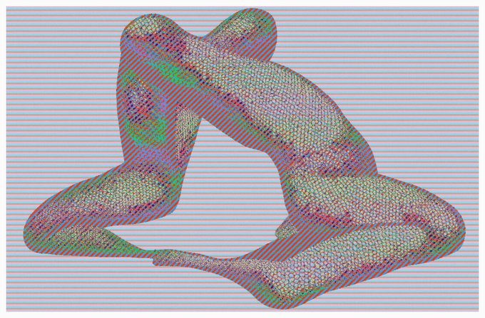 A 3D wireframe model of a complex, multi-lobed geometric shape is displayed against a striped background.