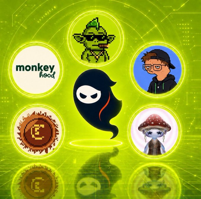 A promotional graphic on a bright green background featuring a central ninja ghost logo surrounded by circular icons for various NFT projects, including 'monkey hood', 'CryptoPunks', a goblin character, a pixel-art guy, and a mushroom character.