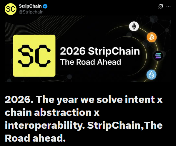 The image is a tweet from StripChain (@Stripchain) featuring a promotional graphic titled "2026 StripChain - The Road Ahead," accompanied by the text "2026. The year we solve intent x chain abstraction x interoperability. StripChain, The Road ahead."

The graphic ties into the post's message about moving crosschain complexity away from users and into the protocol, with icons of major networks (Ethereum, Bitcoin, Solana, Sui) symbolizing StripChain's interoperability ambitions across multiple blockchains.