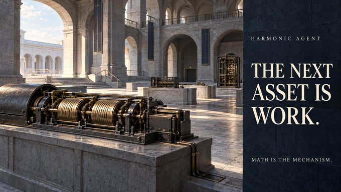 An architectural image of a large brass machine in a stone courtyard with text reading 'HARMONIC AGENT', 'THE NEXT ASSET IS WORK.', and 'MATH IS THE MECHANISM.'