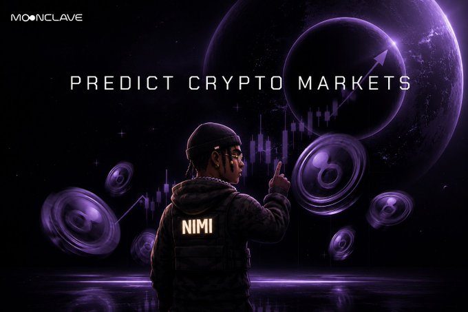 A promotional graphic for Moonclave with the text 'PREDICT CRYPTO MARKETS' showing a person in a 'NIMI' branded hoodie pointing at floating planets, speakers, and candlestick charts in a purple cosmic setting.