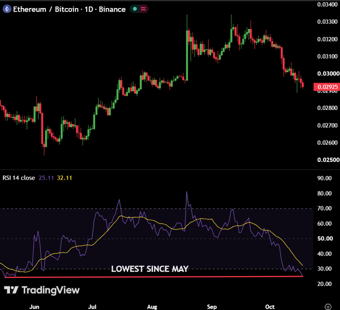 A TradingView daily chart of Ethereum/Bitcoin (ETH/BTC) on Binance shows a downtrend from ~0.033 to 0.02925, with the 14-period RSI at 25.11 (close) and 32.11 — highlighted as the "LOWEST SINCE MAY," reinforcing the post's claim that ETH/BTC is at its most oversold level in 5 months and a bottom is near.