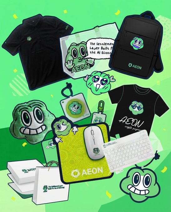 A promotional merchandise collage for 'AEON' (described as 'The Settlement Layer Built For The AI Economy') featuring branded t-shirts, backpacks, mouse pads, plushies, a keyboard, and tote bags on a bright green background.