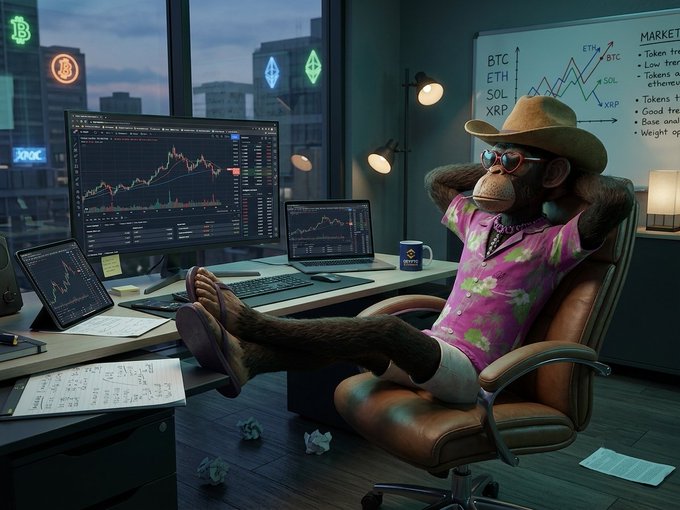 A digitally illustrated scene of a chimpanzee wearing a cowboy hat, sunglasses, and a pink floral Hawaiian shirt reclining in an office chair at a trading desk with multiple monitors displaying BTC, ETH, SOL, and XRP charts.