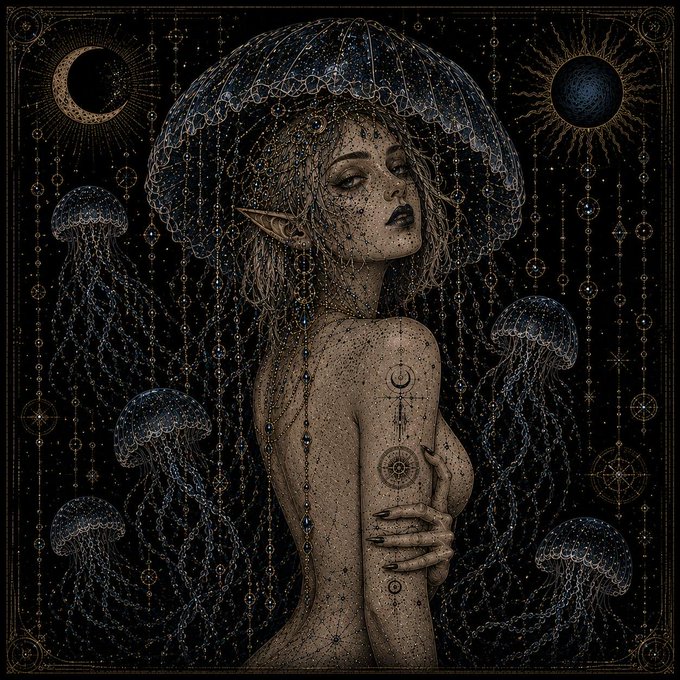 A dark fantasy illustration of an elven woman adorned with celestial tattoos, wearing a jellyfish-like veil, surrounded by floating jellyfish, moons, and mystical symbols on a black background.