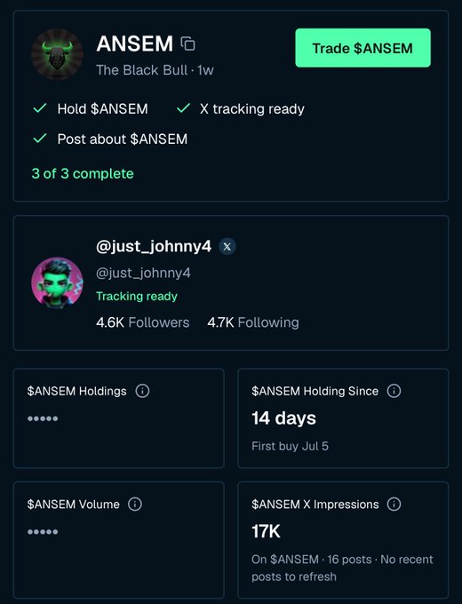 A trading dashboard showing the $ANSEM token page, confirming the user (@just_johnny4) has held the "Black Bull" meme coin for 14 days with tracking enabled and all 3 tasks complete. The image reinforces the post's casual confidence by displaying real metrics like 4.6K followers, 17K X impressions, and successful completion of hold/tracking/post actions.