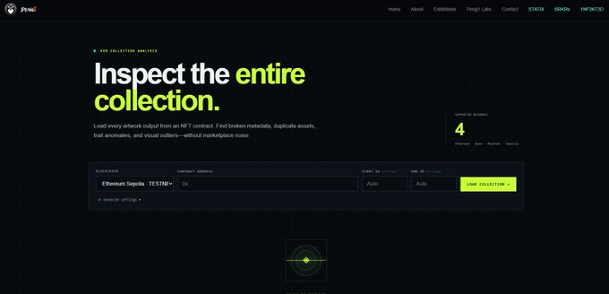 A dark-themed website for 'PiNG' featuring the headline 'Inspect the entire collection,' with a search interface for artwork details and audio controls.