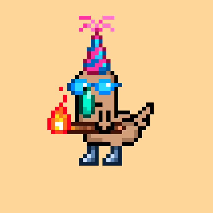 Pixel art illustration of a quirky character wearing a colorful party hat and blue sunglasses, holding a red object against a tan background.