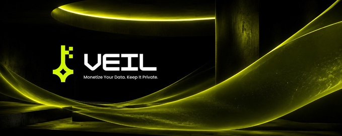 The image displays a sleek black promotional banner for "VEIL" featuring a glowing yellow-green light ribbon design and the tagline "Monetize Your Data. Keep It Private," visually reinforcing the post's message about the untapped $3.5 trillion DePIN market opportunity and the lack of privacy-focused infrastructure in the space.