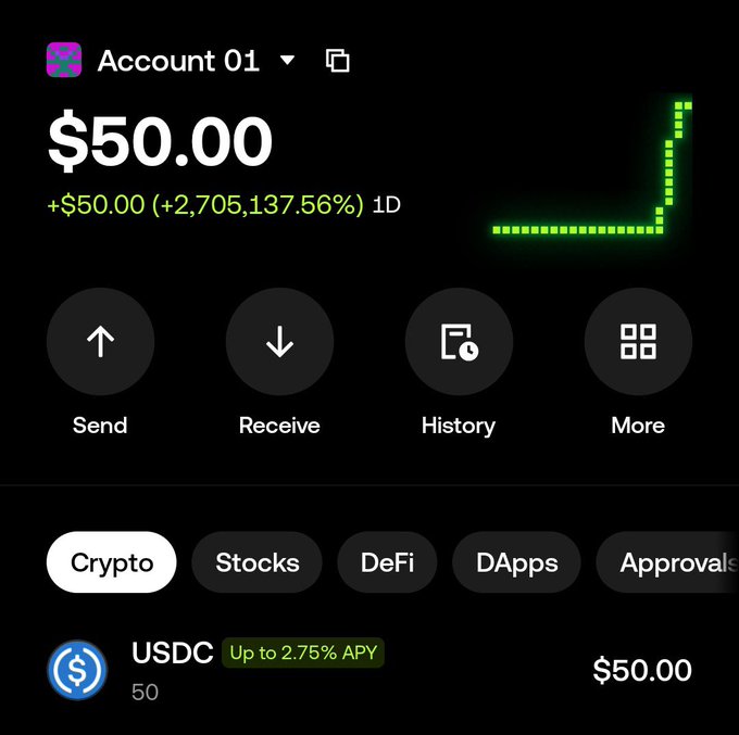 Crypto wallet app screenshot showing Account 01 balance of $50.00 with a +2,705,137.56% gain, holding 50 USDC earning up to 2.75% APY.