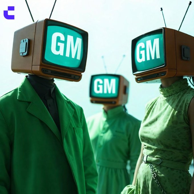 A digital art piece depicting three figures wearing green clothing, each with a retro television set for a head displaying the letters 'GM' on a teal screen, set against a pale sky with antennas.