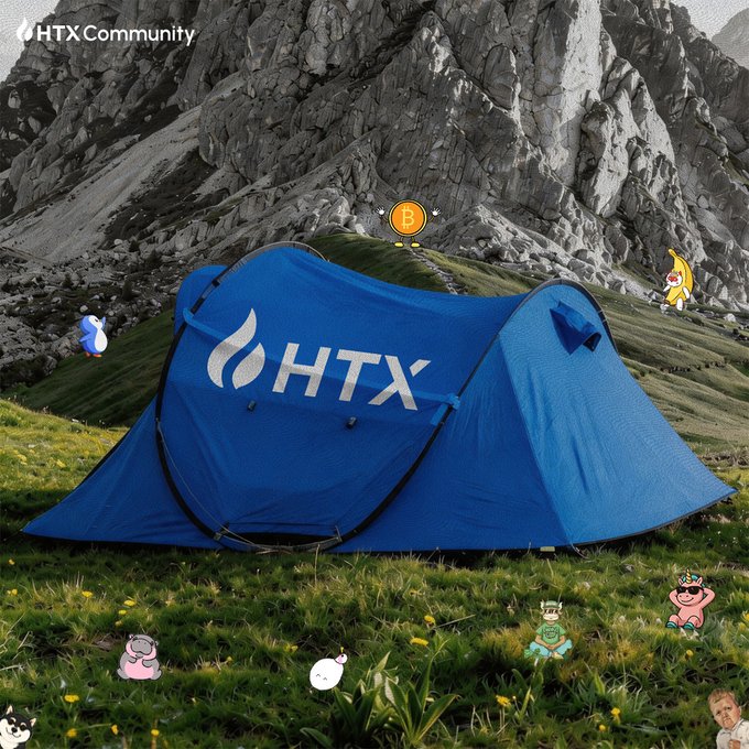 A blue tent branded with 'HTX' is set up in a mountainous landscape, surrounded by various cartoon stickers (including a banana, dragon, and baby), with 'HTXCommunity' text in the upper left.
