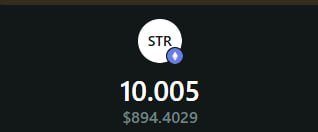 The image shows a crypto wallet display for the token "STR" showing a balance of 10.005 tokens valued at $894.4029, which the post references when discussing the author's decision to skip the current pool, close their limit order, and hold onto their STRC tokens instead.