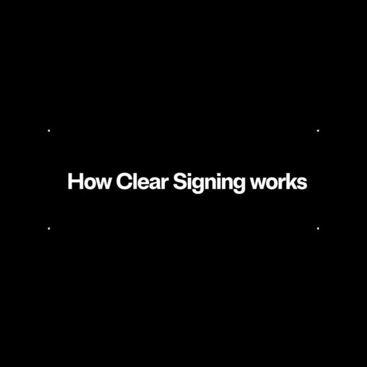 A black title slide displays white text reading "How Clear Signing works." It introduces a presentation about Clear Signing, a security feature that translates blockchain transaction details into readable language so users can verify contract actions before approving them, preventing blind signing exploits.
