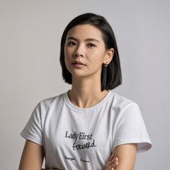 A woman wearing a white t-shirt with the text 'LadyFirst personal' stands with her arms crossed against a plain white background.