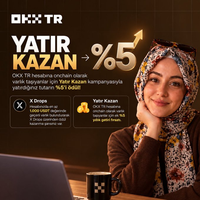 The image is an OKX TR cryptocurrency advertisement in Turkish. A woman wearing a floral hijab sits at a desk with a laptop, while the text 'YATIR KAZAN → %5' and details about the X Drops and Yatır Kazan campaigns are displayed.