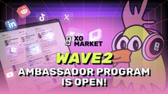 A purple graphic with bunny ears announces the launch of "WAVE 2 AMBASSADOR PROGRAM" with the text "XO MARKET" and "IS OPEN!" displayed prominently alongside floating UI screens and social media icons.