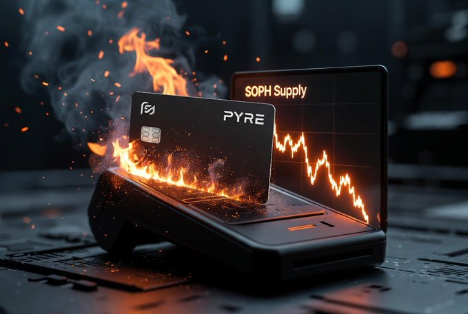 A flaming "PYRE" credit card burns atop a laptop displaying a crashing chart labeled "SOPH Supply," visually symbolizing the downfall of the SOPH project as referenced in the post about Sophon admitting their L2 model is broken and shutting down.