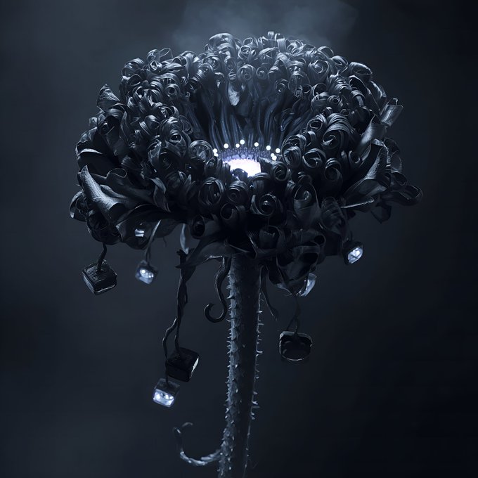 A dark, surreal digital flower with curling, fog-like petals radiates a faint glow from its center, with small lantern-like shapes hanging from its thorny stem—matching the post's "Mistlight Bloom" NFT on objkt, an artwork designed to shine in the dark.