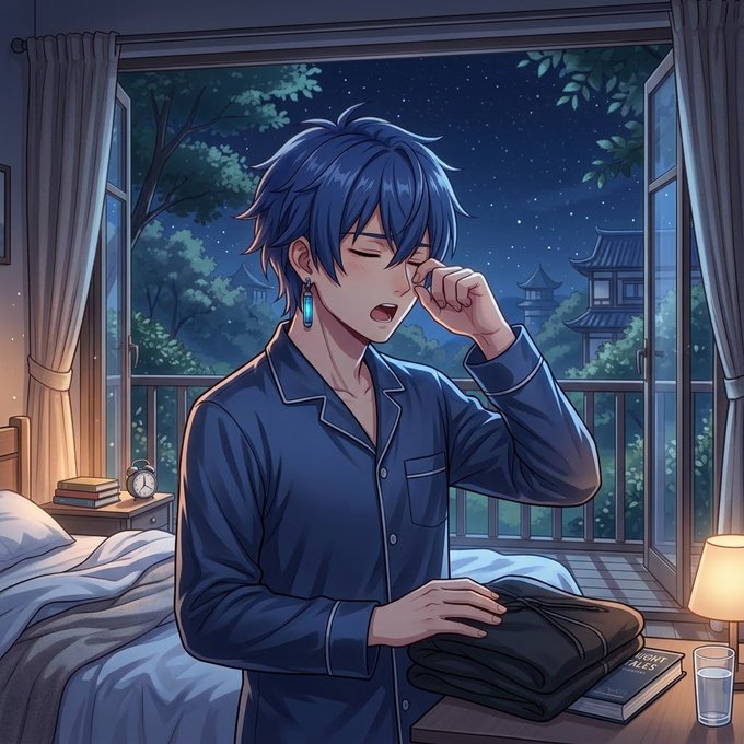 An anime-style illustration of a blue-haired character in blue pajamas rubbing their eye while packing or holding folded clothes on a bed, with a nighttime window view.