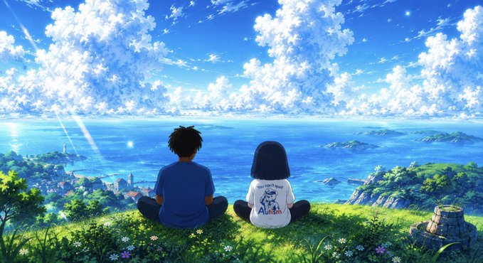 Two anime characters sit on a grassy cliff overlooking a vast ocean with islands and a coastal village below; one wears a blue shirt while the other has a white hoodie reading "Autumn."

The image appears unrelated to the giveaway post about a $100 Solana giveaway, serving instead as an evocative anime-style backdrop with no visible crypto or wallet references.
